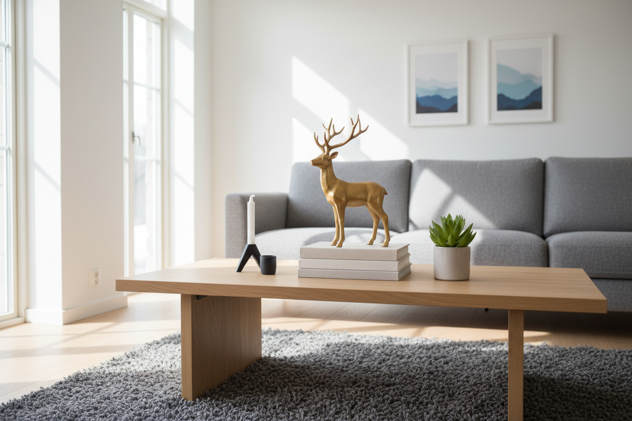Nordic deer home decor adds modern elegance to a minimalist living room with cozy and stylish accents