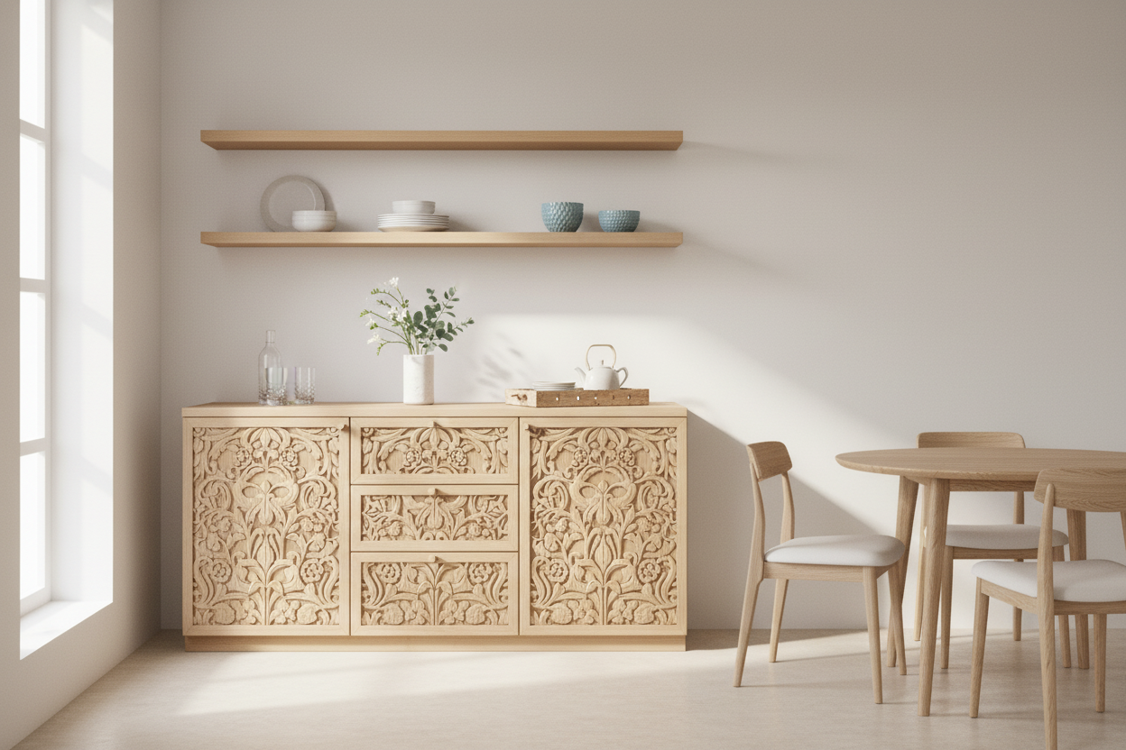 Elegant carved sideboard storage solutions in a modern dining room for stylish and organized home decor