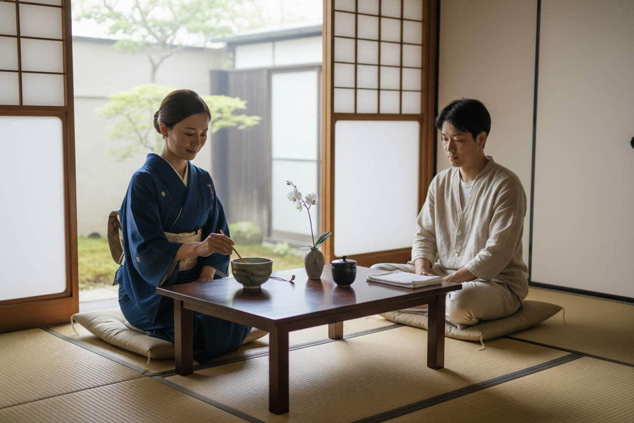 Modern interior inspired by traditional Japanese tea ceremony with minimalist decor and serene atmosphere