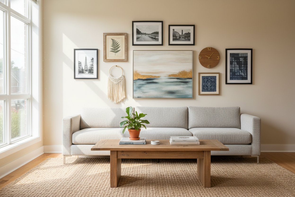 Modern wall decor art for living room featuring a gallery wall above a stylish sofa for design inspiration