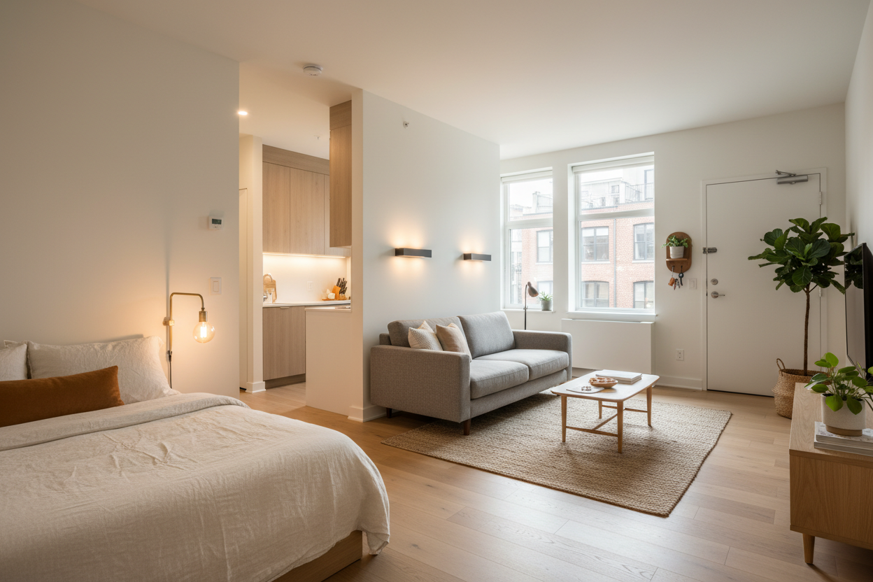 Modern wall lighting ideas for cozy studio apartments with minimalist décor and functional living spaces