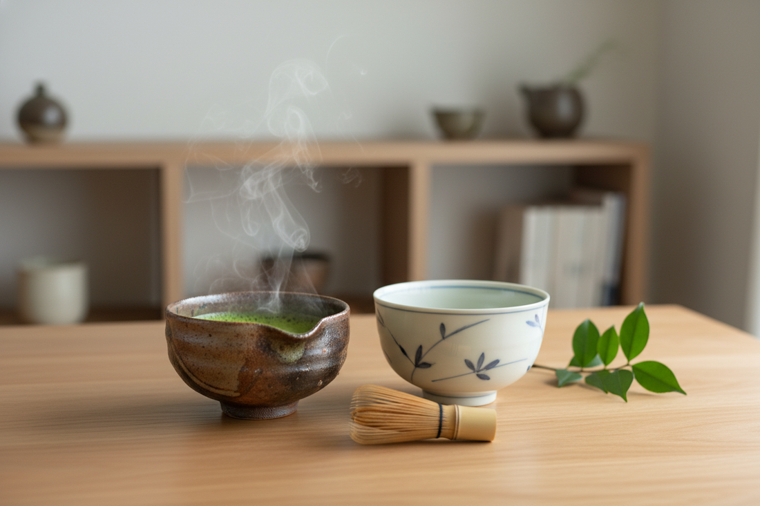 Traditional Japanese tea bowls with matcha and whisk, perfect for stylish home decor or gifting ideas