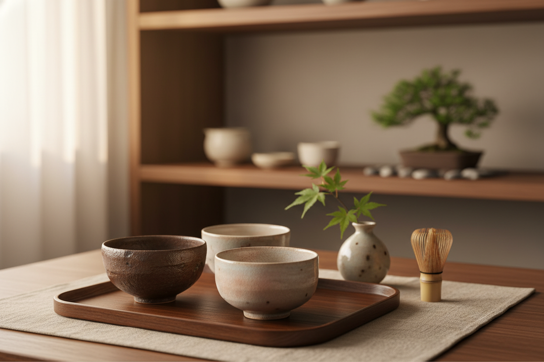 Traditional Japanese tea bowls displayed on a wooden tray for elegant home decor inspiration