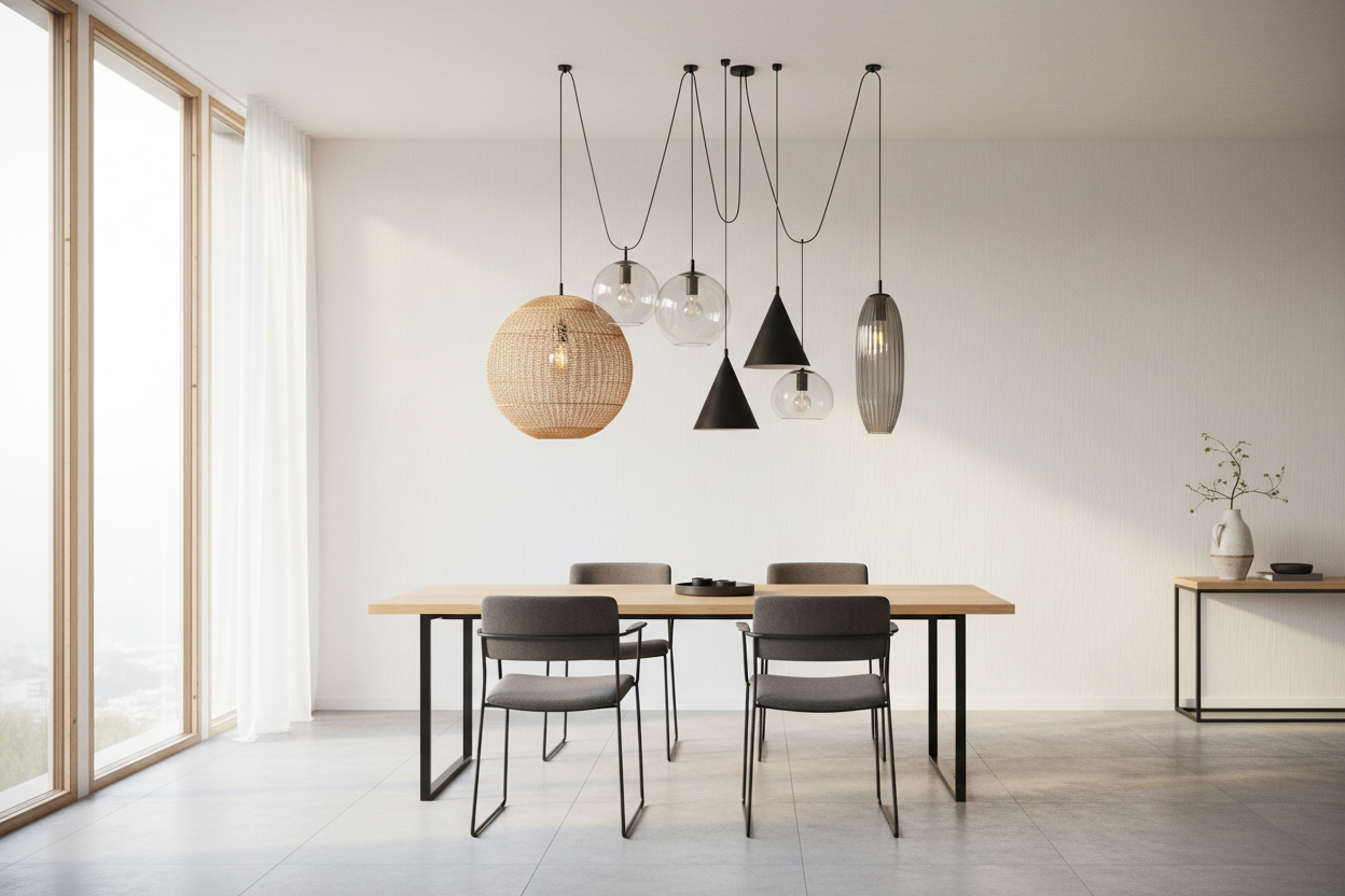 Modern pendant lighting ideas for dining rooms featuring mixed shapes and minimalist decor inspiration