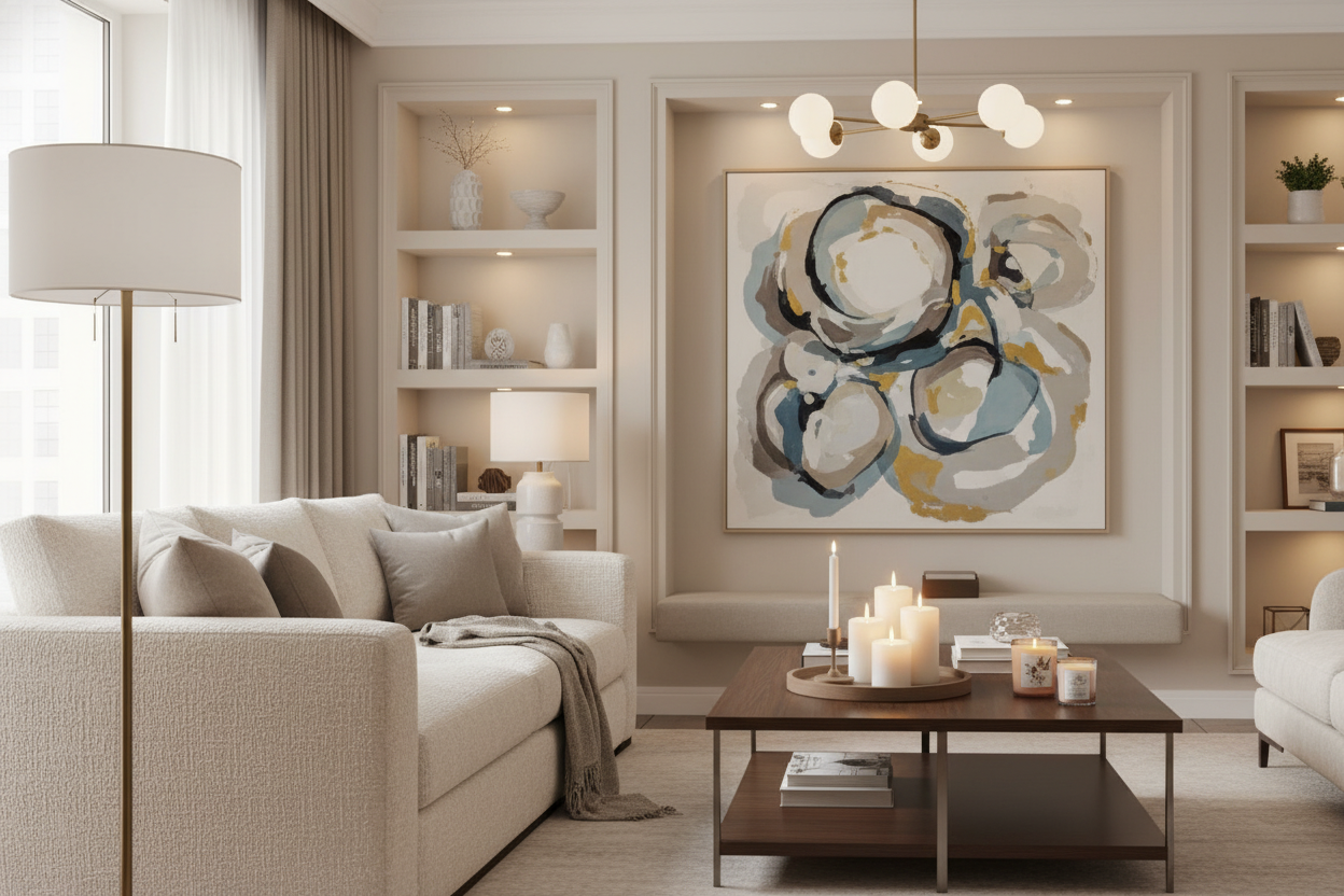 Modern living room showcasing luxury home lighting ideas with elegant lamps, chandelier, and cozy candle accents