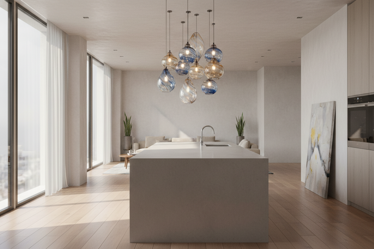 Modern kitchen with hand blown glass lighting fixtures creating a stylish and elegant home decor statement