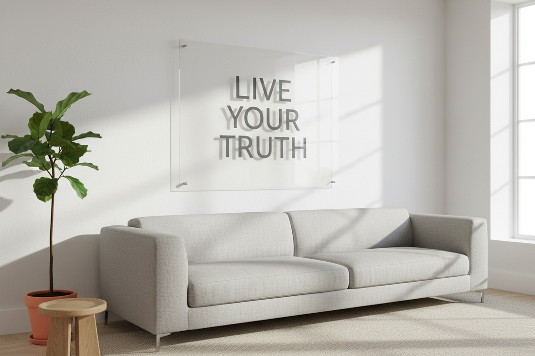 Modern living room with inspirational acrylic wall art above a sofa, perfect for uplifting home decor