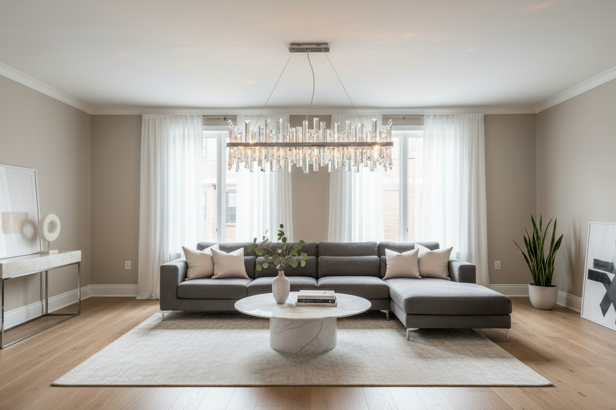 Elegant living room with modern crystal chandelier lighting for a sophisticated home decor upgrade