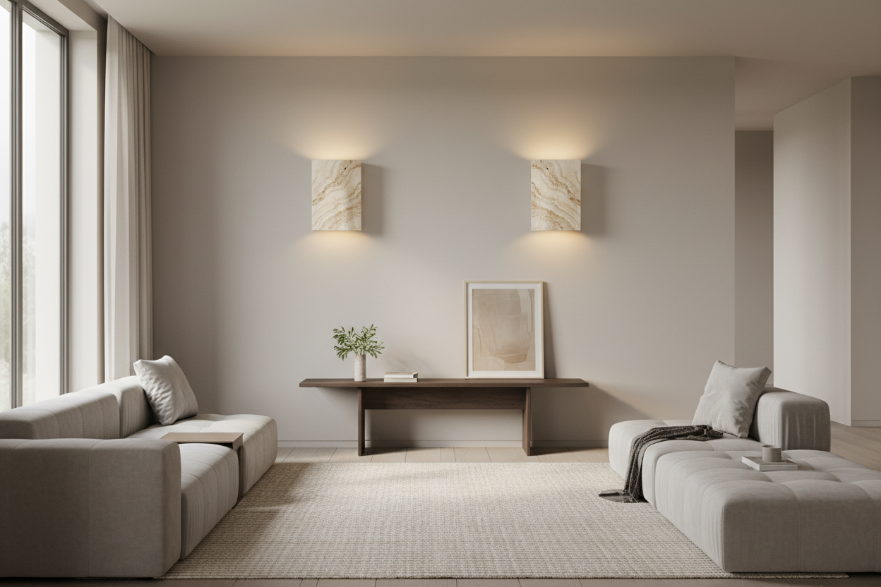 Modern living room with elegant travertine wall sconce lighting for stylish and affordable home decor ideas