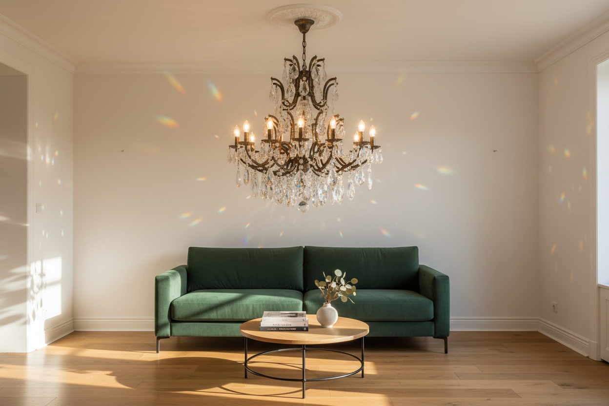 Vintage crystal chandelier lighting adds elegance to a modern living room with a green sofa and wooden accents