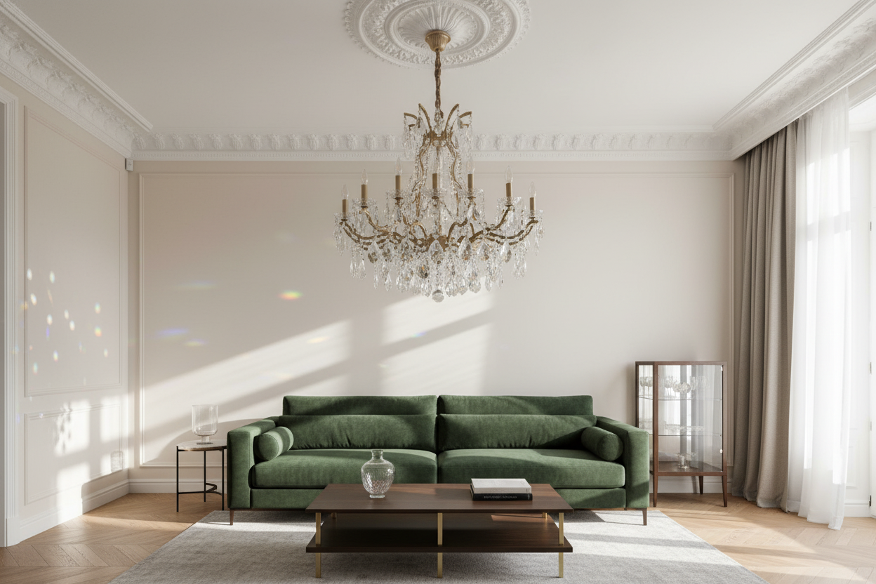 Elegant living room with a French crystal chandelier adding luxury to modern home decor