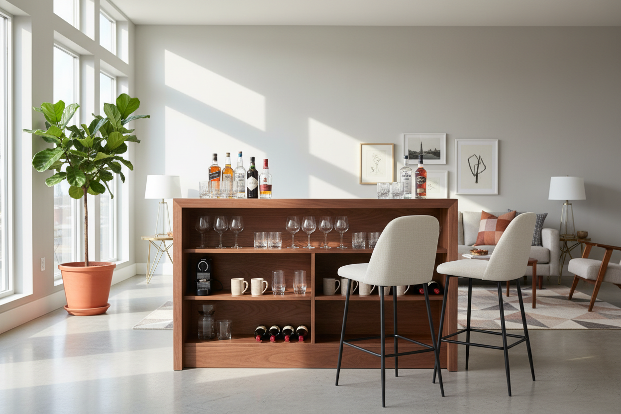 Modern aline bar with wooden shelves and stylish stools enhances contemporary home decor spaces