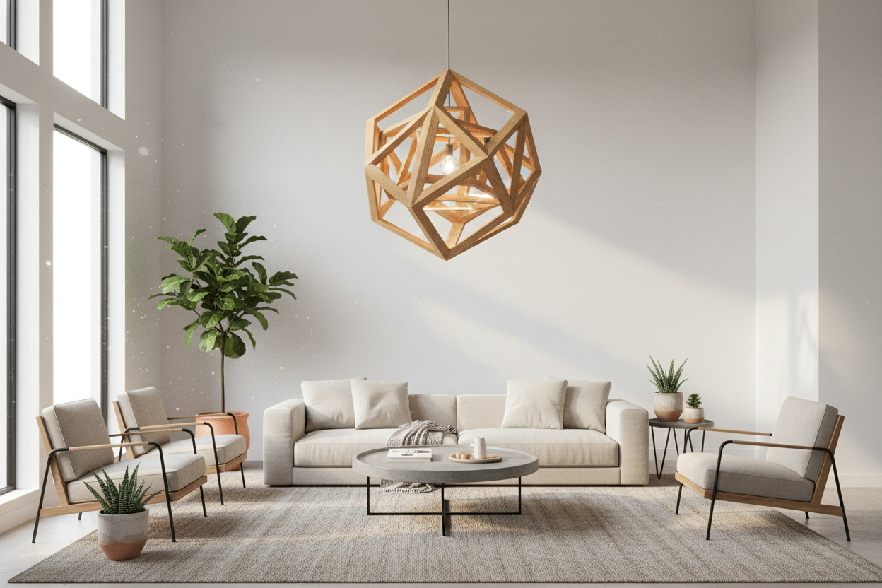 Modern living room with geometric wood ceiling light fixtures for stylish and affordable home decor ideas