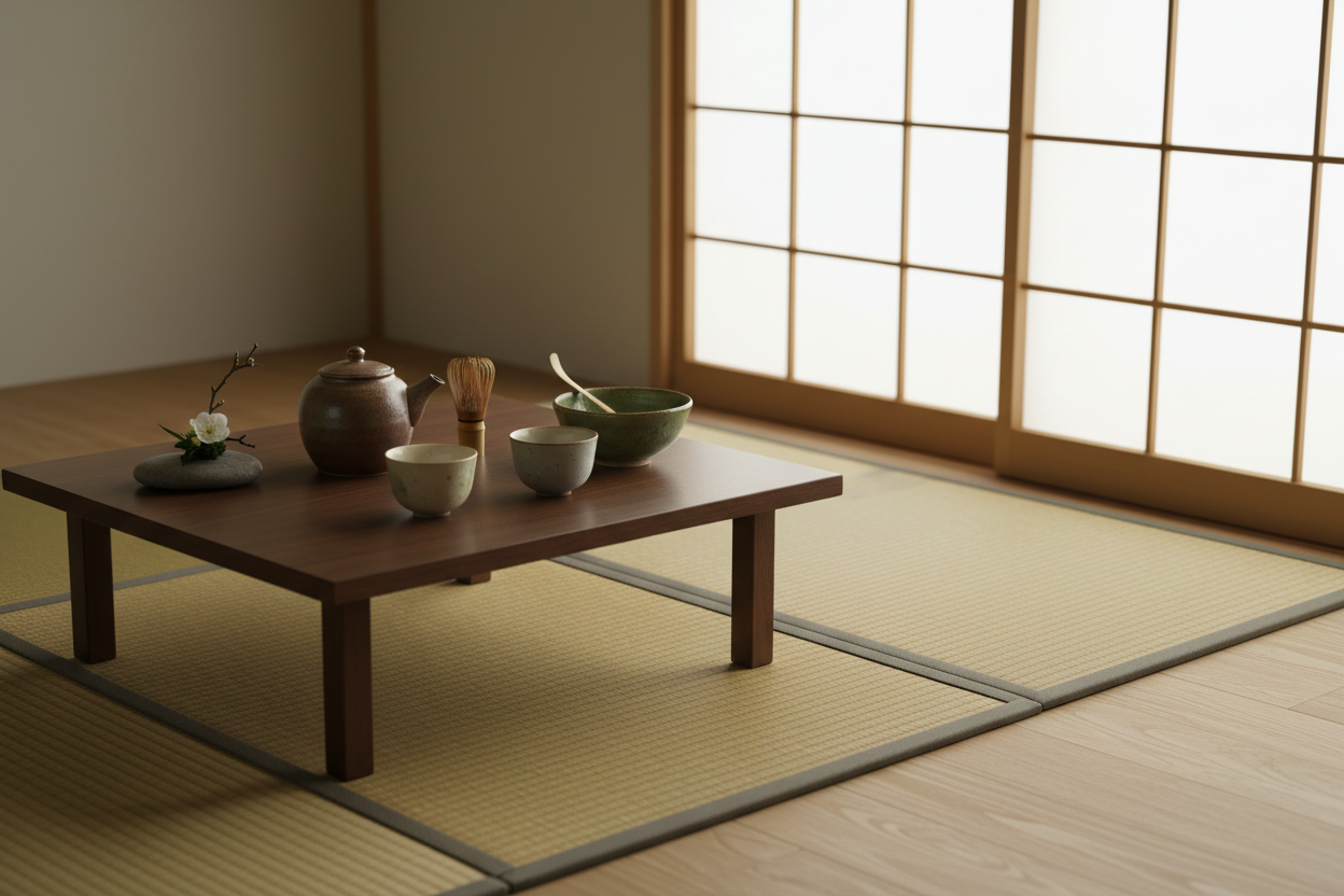 Minimalist room setup with tatami mats and tableware for a traditional Japanese tea ceremony decor inspiration