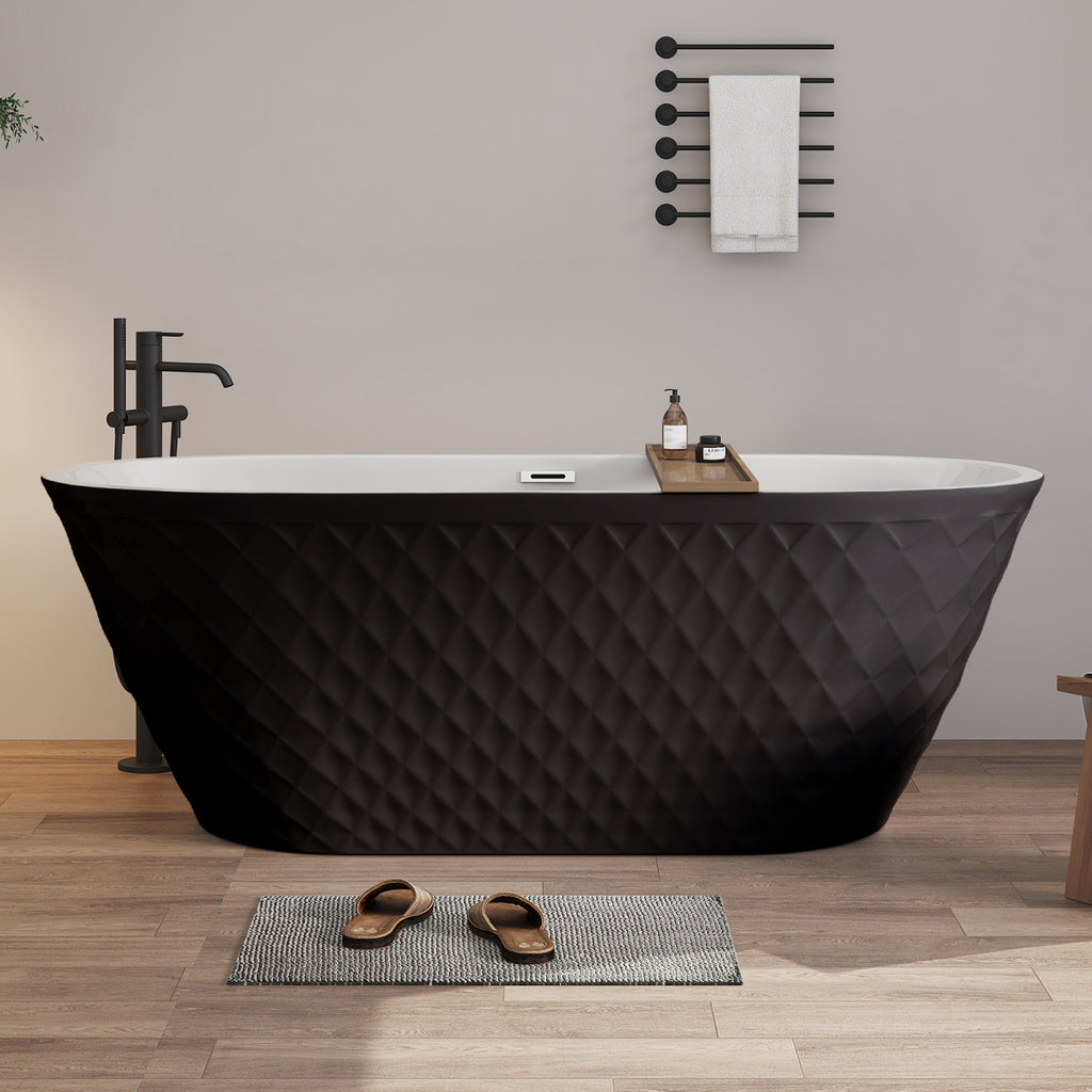 67'' acrylic freestanding bathtub with unique diamond pattern design: spacious oval shape, Black finish, Chrome overflow and pop-up drain CUPC