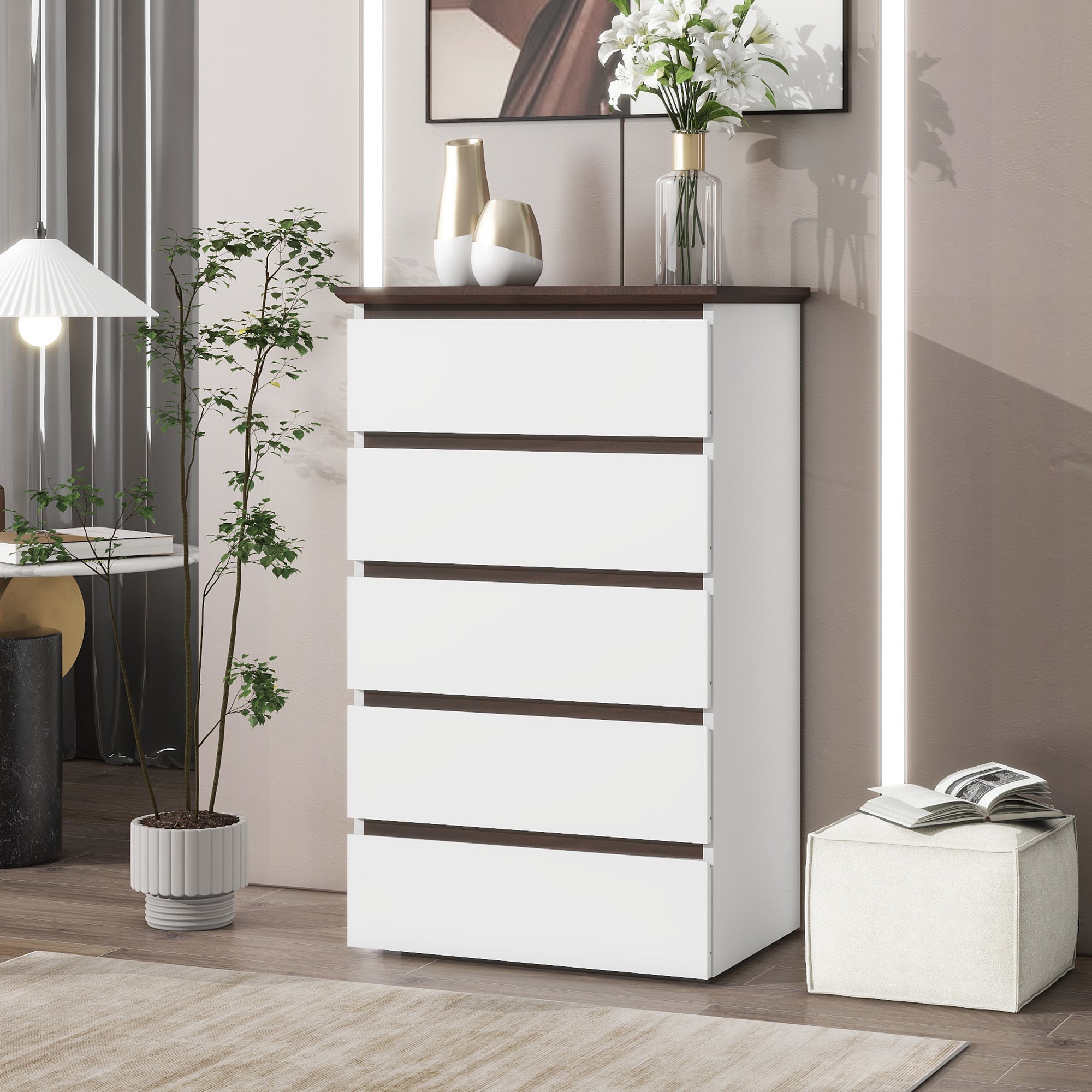 5-Drawer Vertical Dresser – Natural Wood Top, White & Walnut