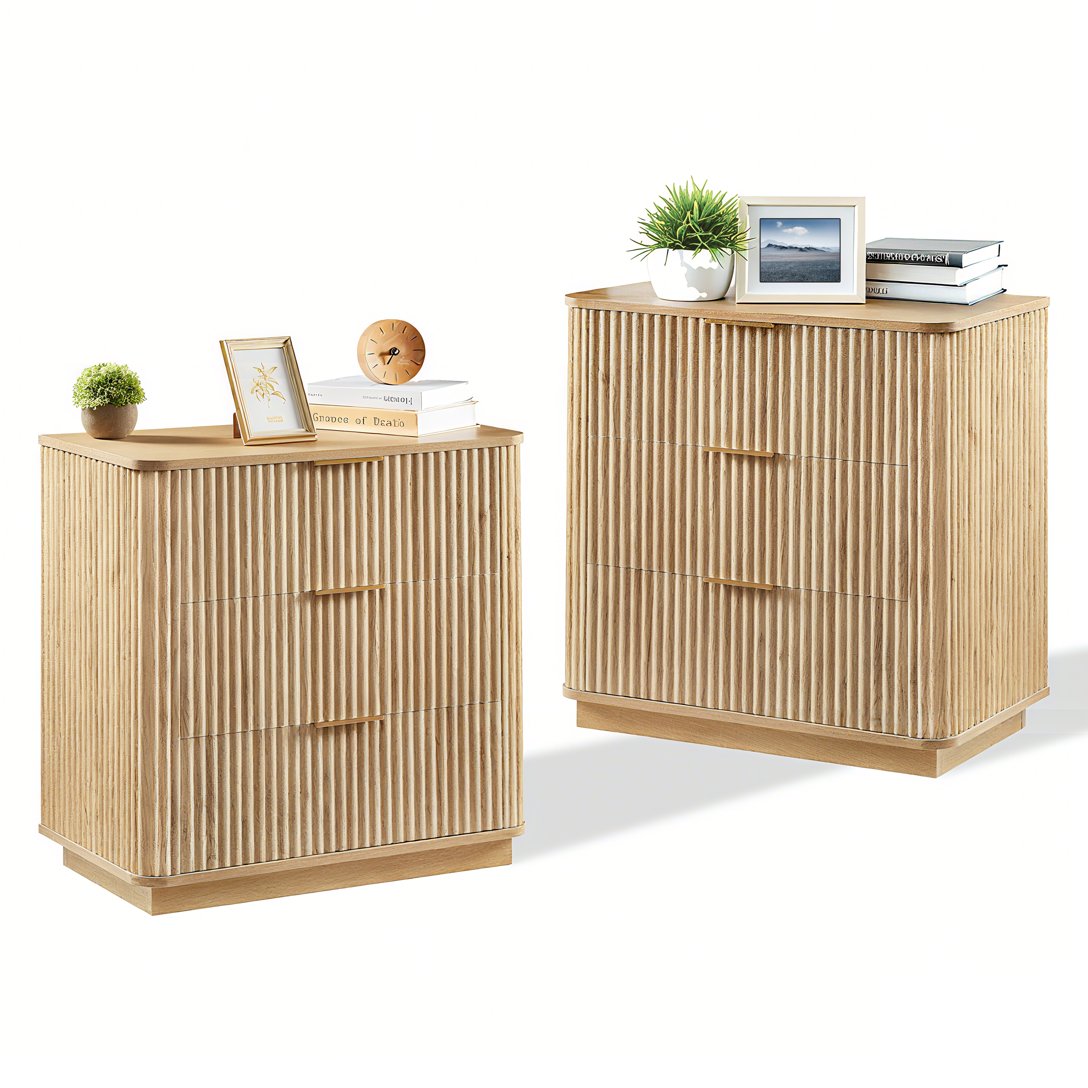 Wave 3-Drawer Nightstand Set of 2 – Oak, Waterproof MDF
