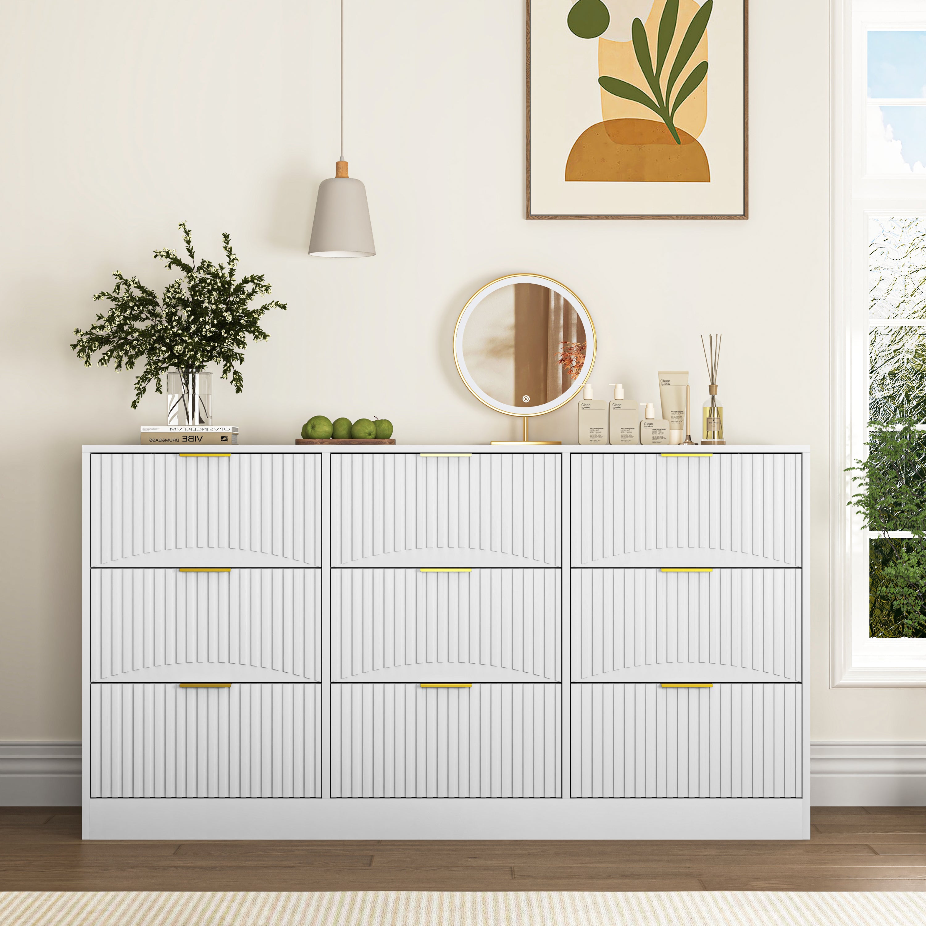 9-Drawer Long Dresser – Wavy Panels, Gold Handles, White