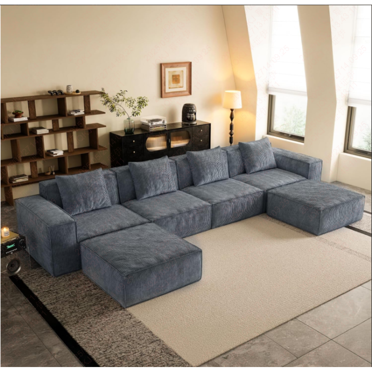 ShineHome 118 Inch Modular Sofa Bed Gray Corduroy Cloud Velvet Fabric With Flexible Configuration And Two Footrests