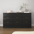 9-Drawer Long Dresser – Wavy Panels, Gold Handles, Black