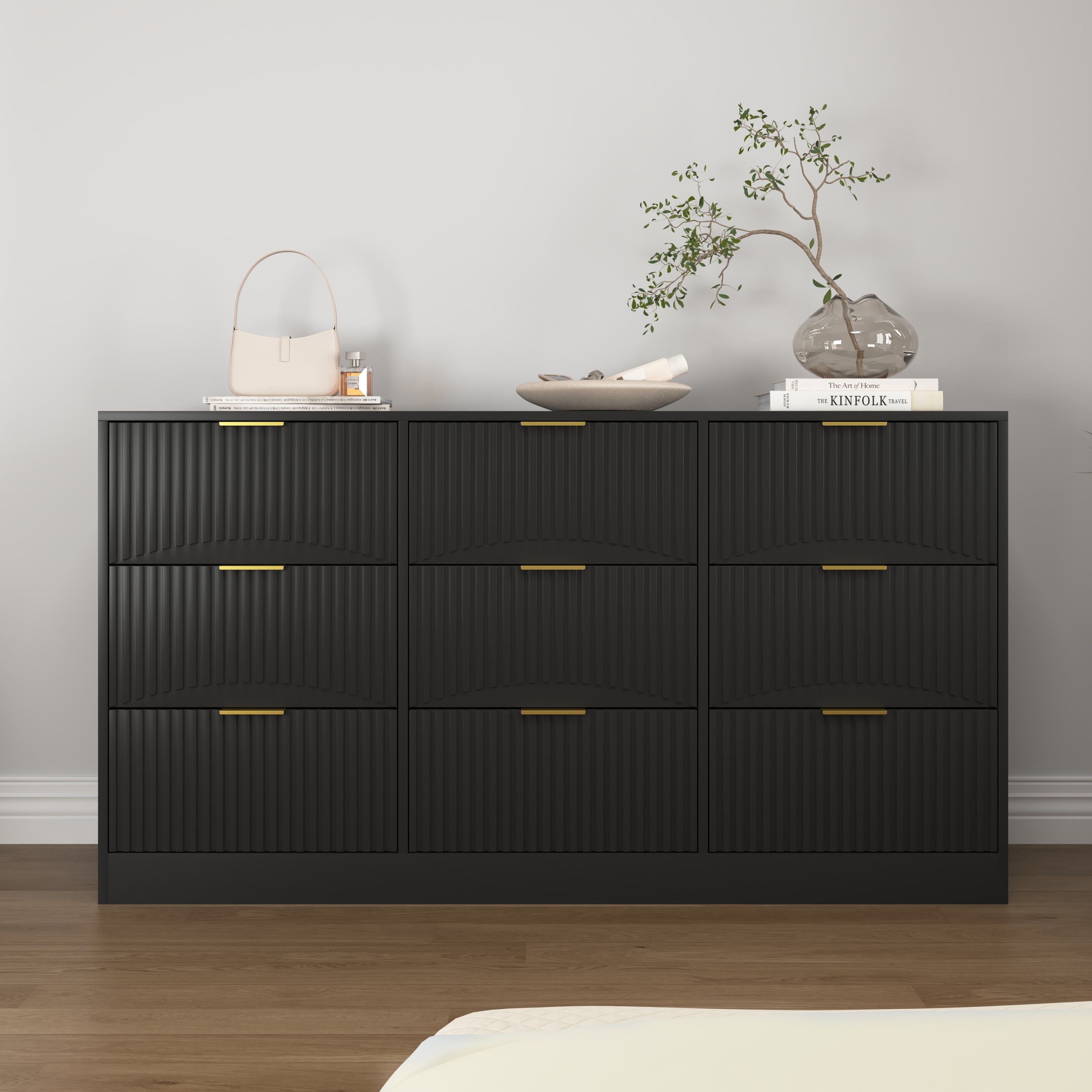 9-Drawer Long Dresser – Wavy Panels, Gold Handles, Black