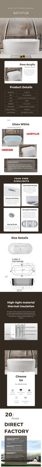 59" Glossy Acrylic Freestanding Tub