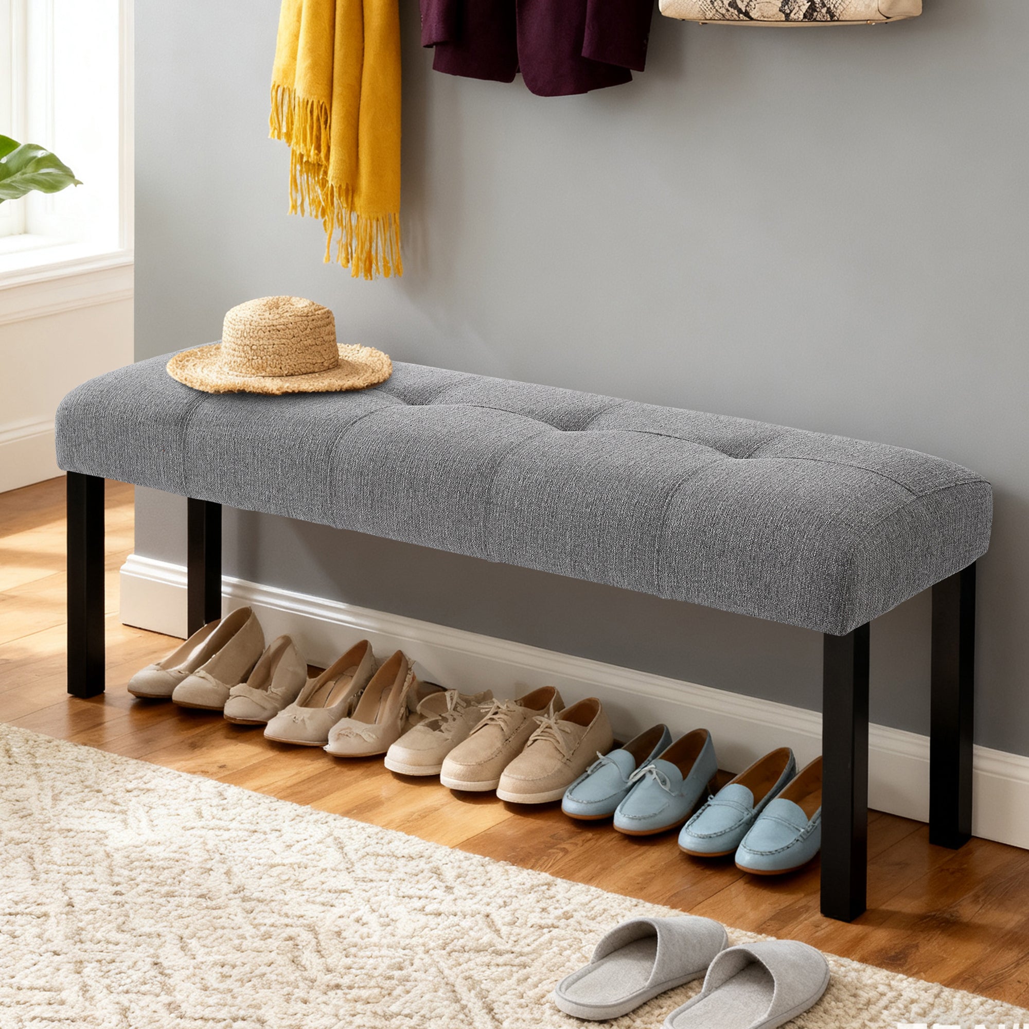 Modern Tufted Linen Dining Bench in Gray