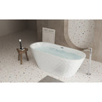 67'' acrylic freestanding bathtub with unique diamond pattern design: spacious oval shape,  Gloss white finish, Chrome overflow and pop-up drain CUPC