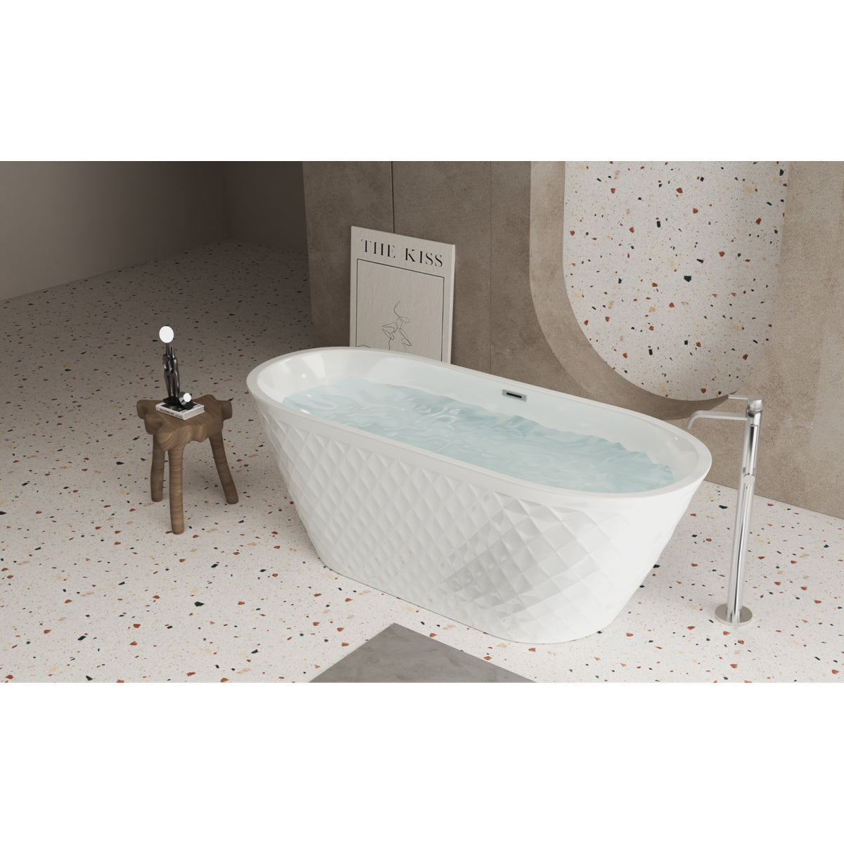 67'' acrylic freestanding bathtub with unique diamond pattern design: spacious oval shape,  Gloss white finish, Chrome overflow and pop-up drain CUPC