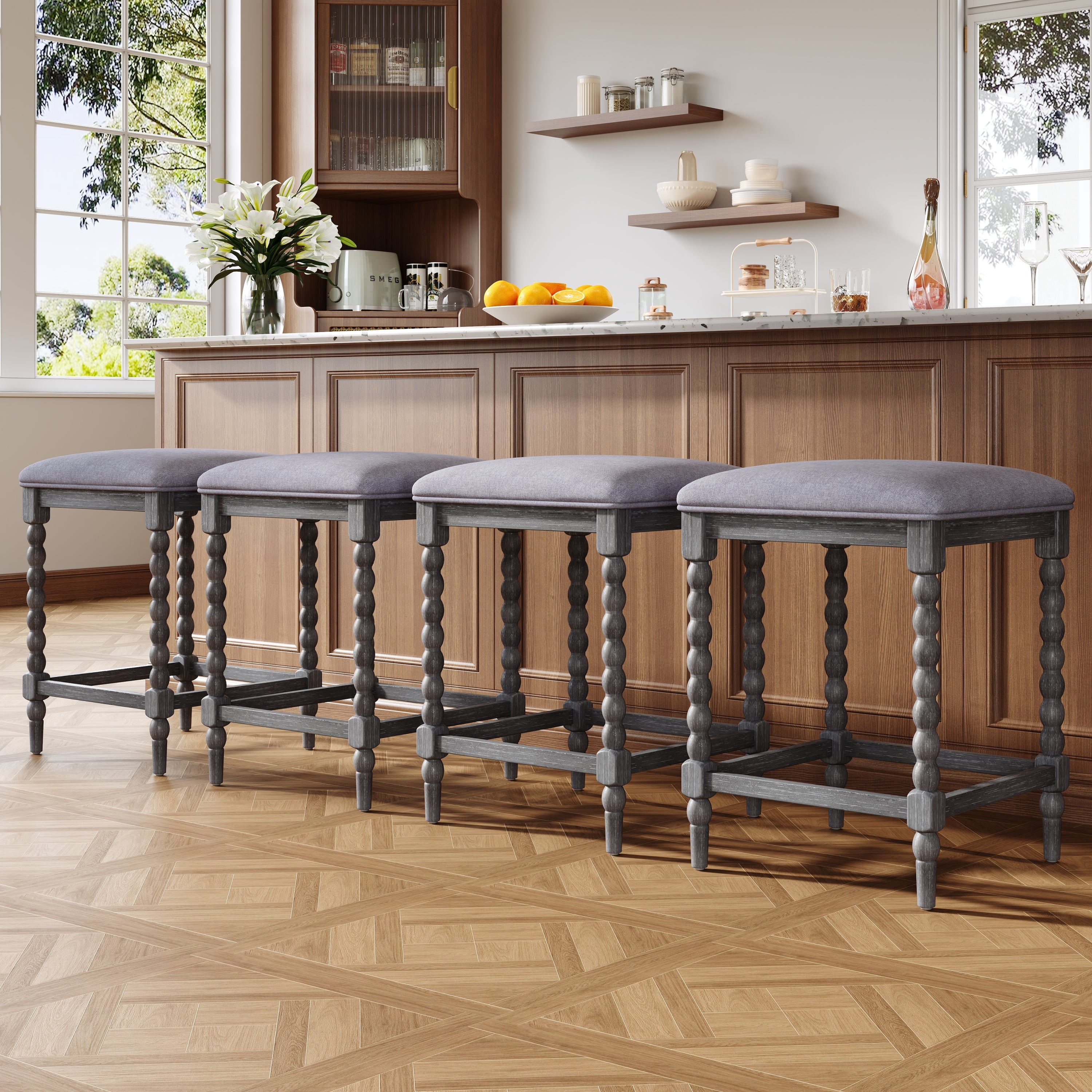 Counter Stools Set of 4 – Solid Acacia, Upholstered, 26", Gray