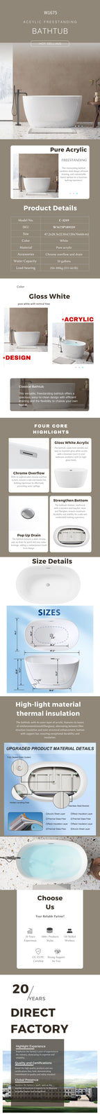 47-inch Sleek Oval Acrylic Tub