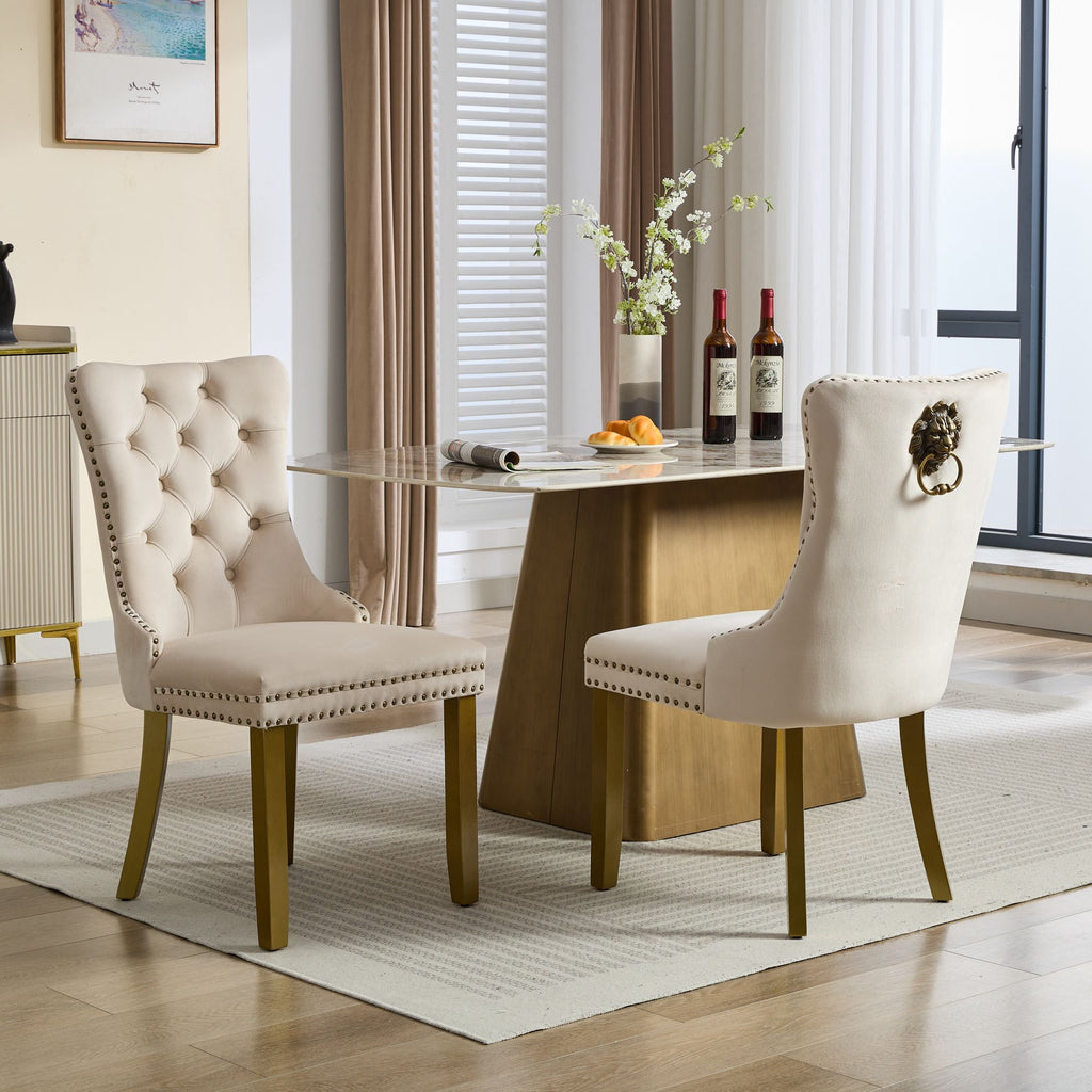 Mid-Century Lion Head Dining Chairs Set of 2 – Beige Velvet, Tufted Back & Gold-Finished Wood Legs