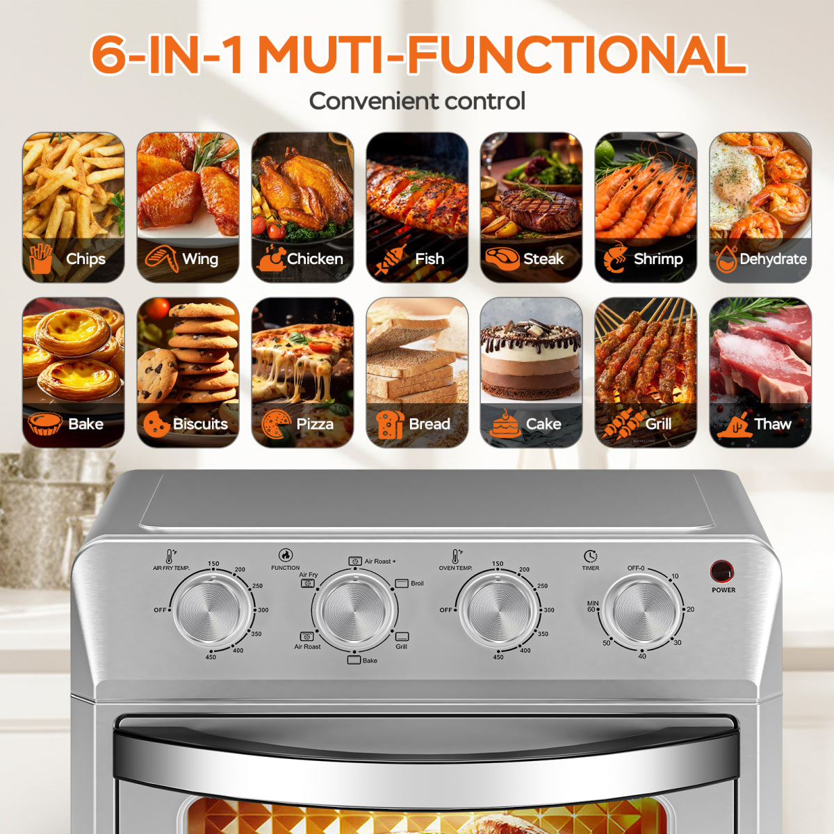 Plum Chef 27.5QT 6-in-1 Air Fryer Oven Countertop 1600W Silver Family Size