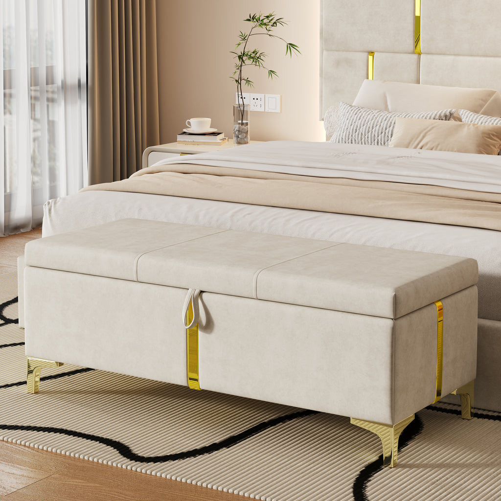 Elegant Upholstered Storage Ottoman in Beige Velvet