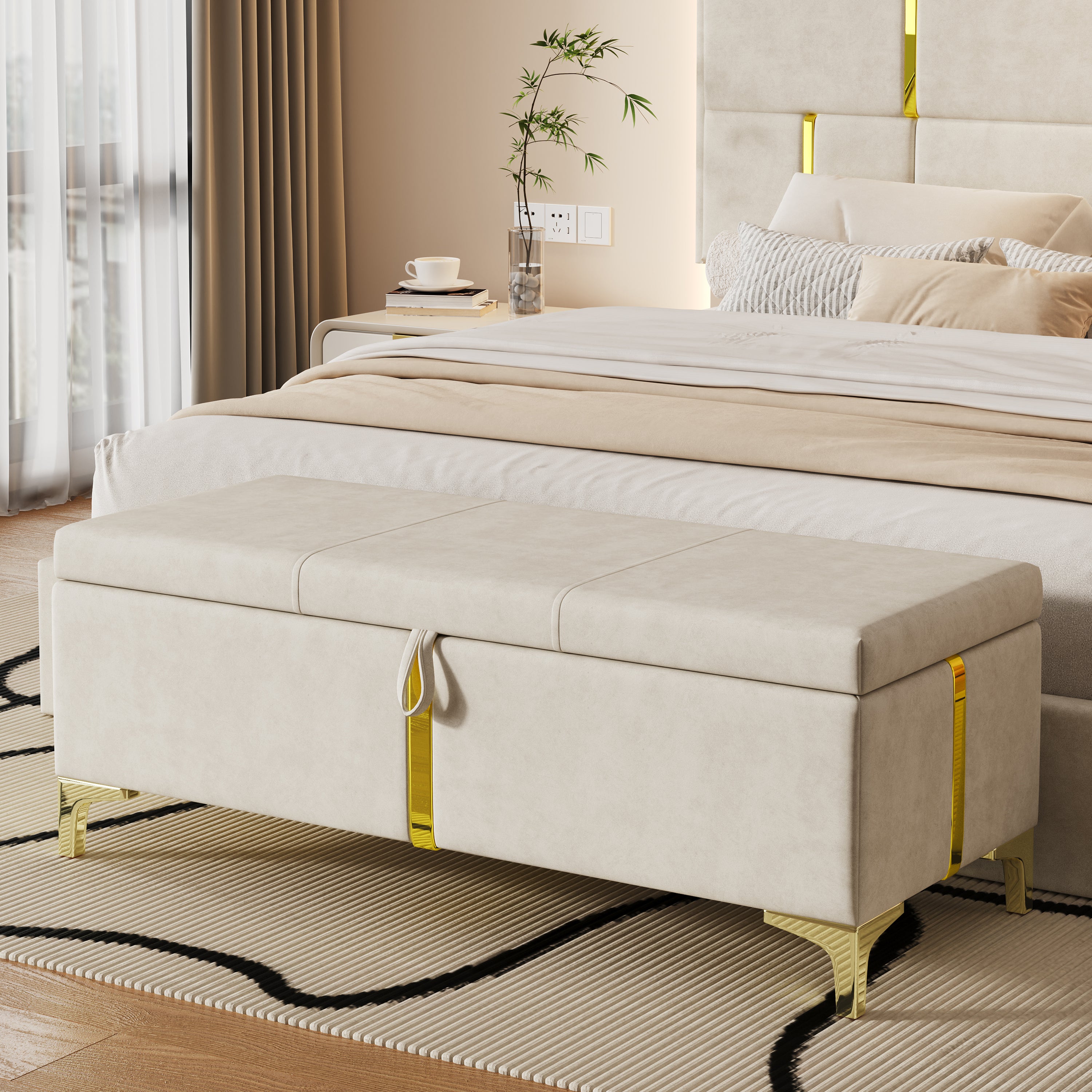 Elegant Upholstered Storage Ottoman in Beige Velvet