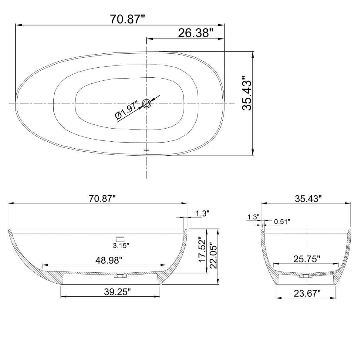 71 inch artificial stone solid surface freestanding bathroom bathtub
