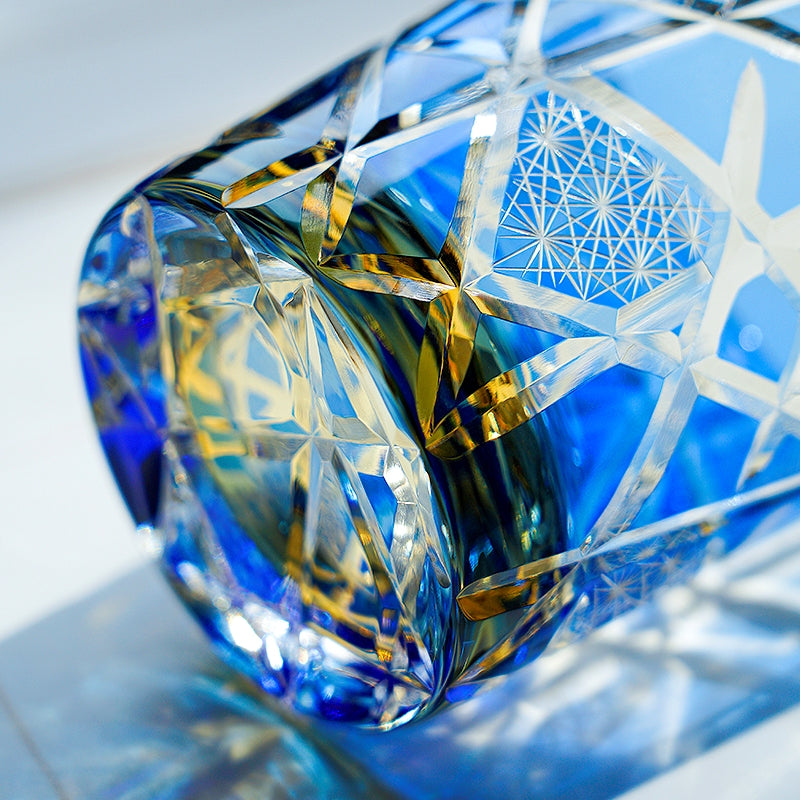 Edo Kiriko Hand-Carved Amber Lightning Pattern Whiskey Glass