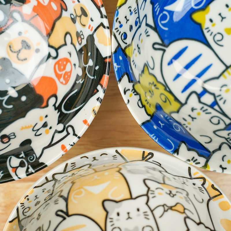 Mino Ware Cat and Dog Series Underglaze Rice Bowl