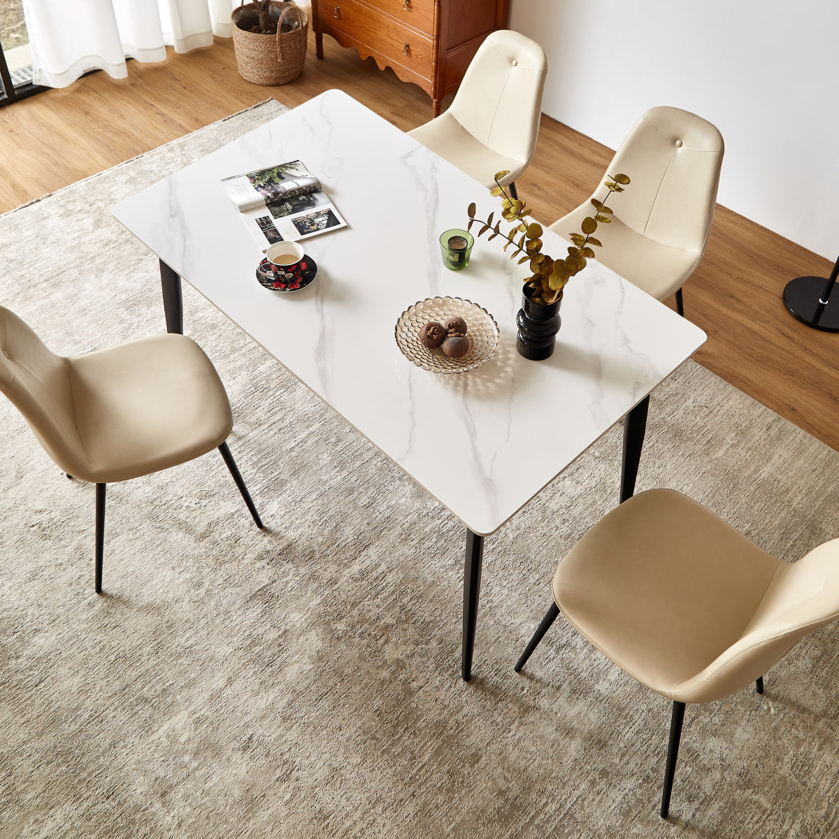 55 Inch White Porcelain Rectangular Dining Table with Metal Legs Mid Century Modern Kitchen Table