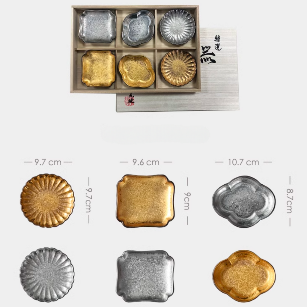 Hasami Ware Toyotsu Handcrafted Gold and Silver Decorated Dessert Plate Gift Set