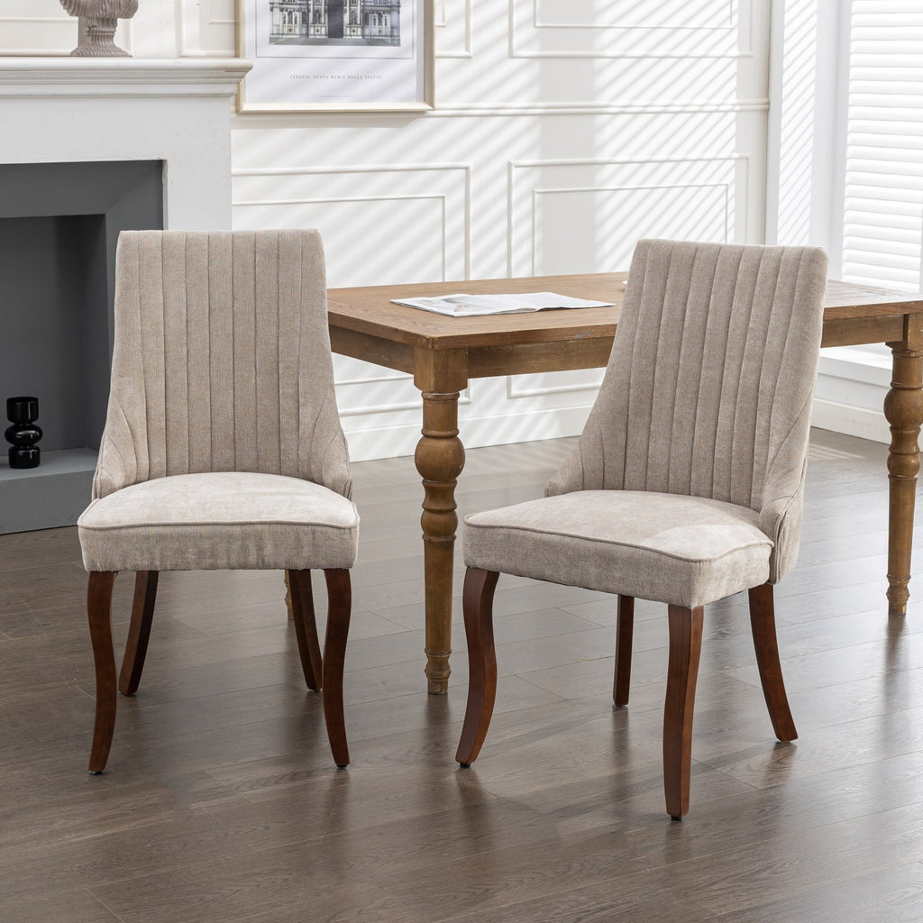 High-Back Dining Chairs Set of 2 – Beige Velvet-Touch Flocking, Triple Elastic Cushion & Curved Wood Legs