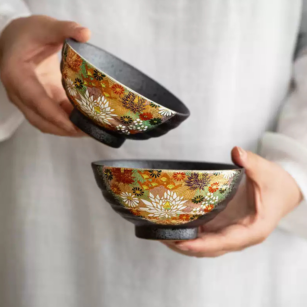 Kutani Ware Golden Floral Sea Rice Bowl Set