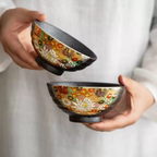 Kutani Ware Golden Floral Sea Rice Bowl Set