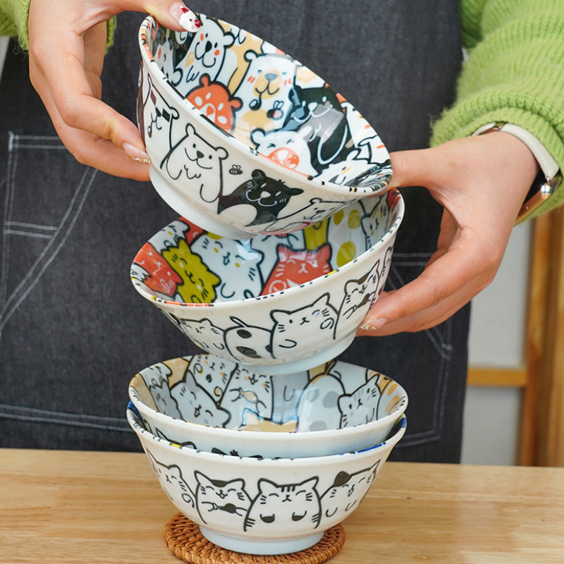 Mino Ware Cat and Dog Series Underglaze Rice Bowl