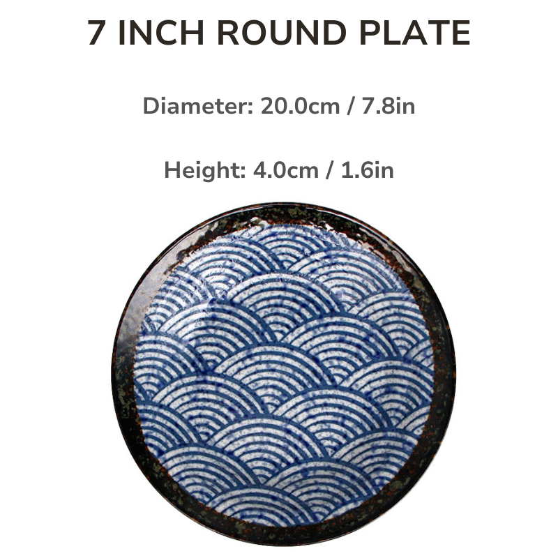 Mino Ware Wave Pattern Retro Underglaze Bowl and Plate Set