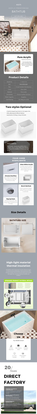 47" Acrylic Freestanding Bathtub ,Spacious rectangle Shape, Gloss White Finish, Chrome Overflow & Pop-Up Drain CUPC Certificate