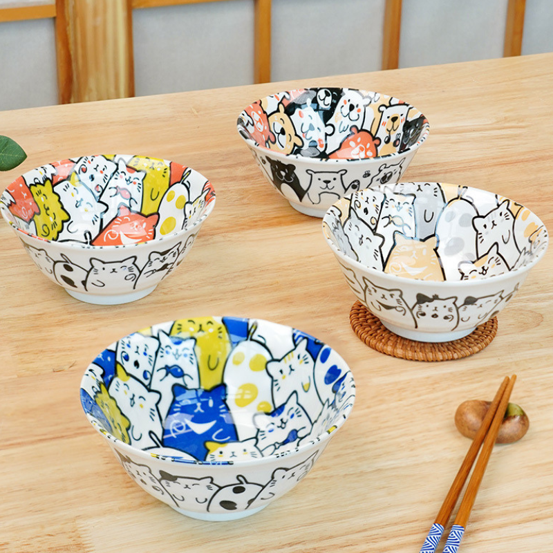 Mino Ware Cat and Dog Series Underglaze Rice Bowl