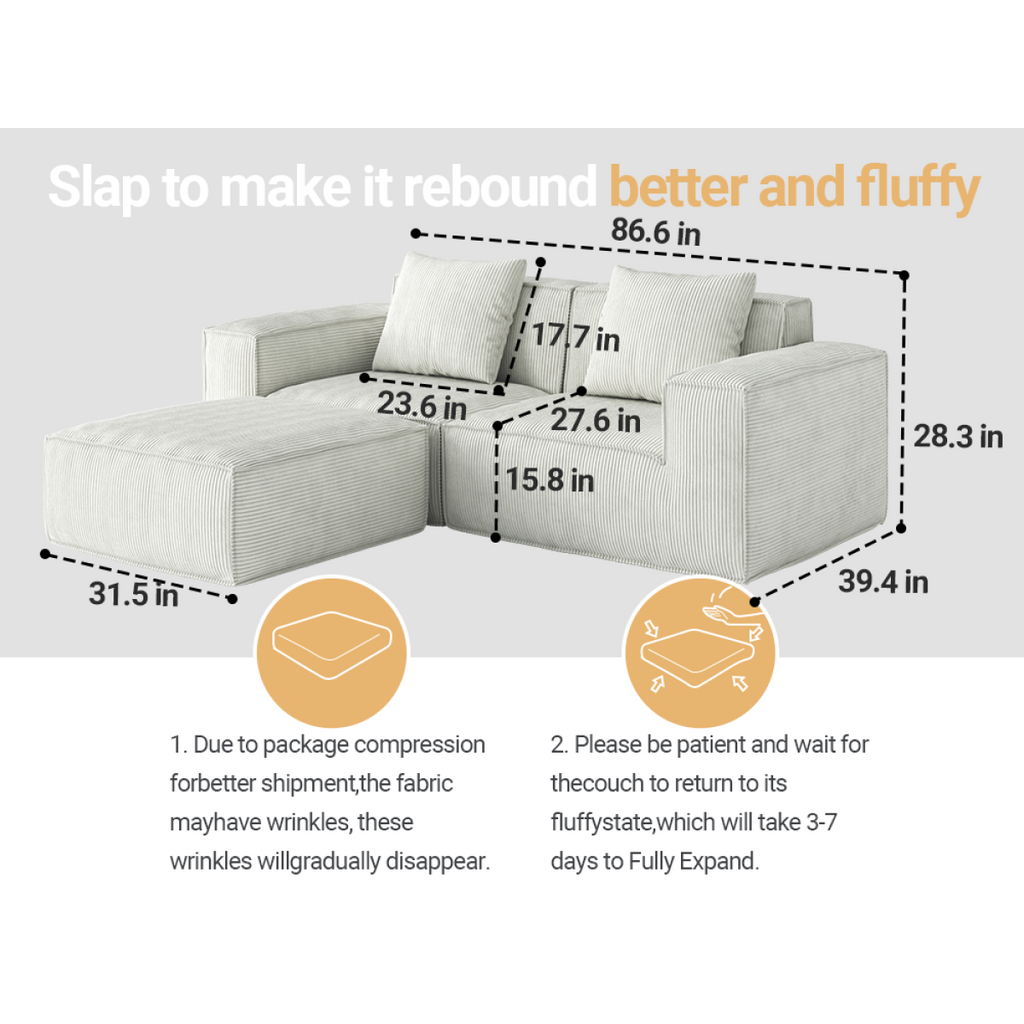 modular sofa can be converted into an oversized sofa bed Free conversion sofa set flexible configuration, soft corduroy cloud velvet fabric two person