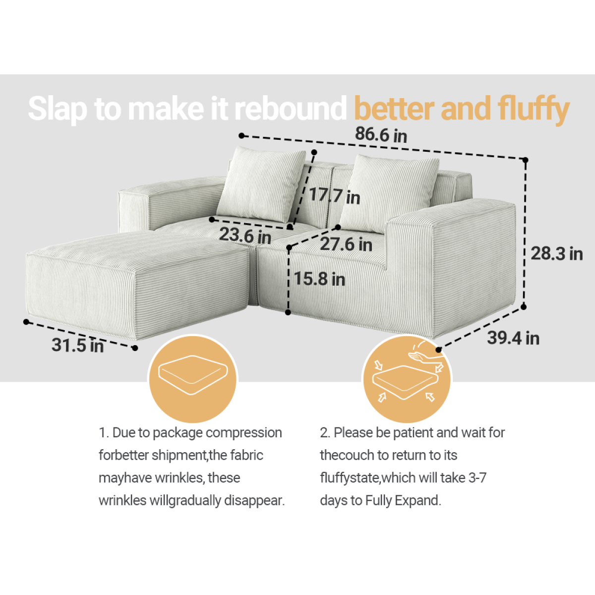 modular sofa can be converted into an oversized sofa bed Free conversion sofa set flexible configuration, soft corduroy cloud velvet fabric two person