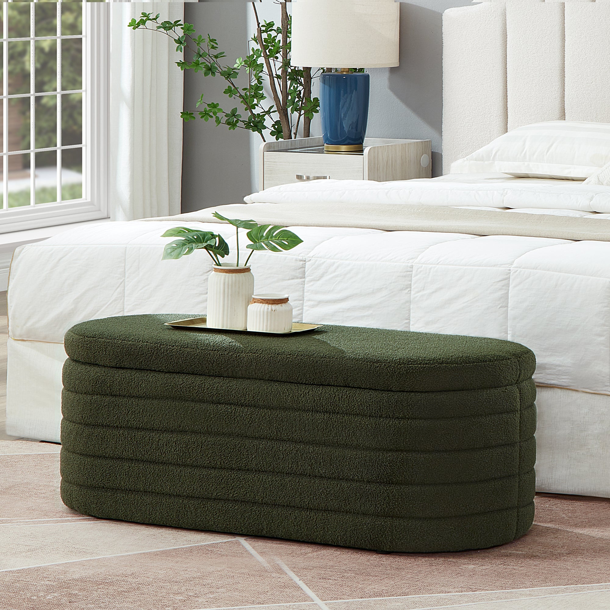 Modern Oval Storage Ottoman Bench in Dark Green Boucle